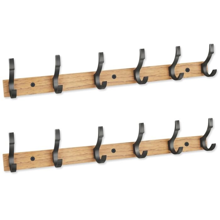 metallic wooden finish wall-mounted cloth hanger with 6 hooks for hanging clothes, hats, and accessories.