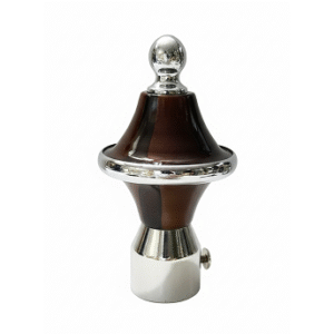 Stylish stainless steel curtain finial with glossy brown layered design, silver rings, and polished dome top for curtain rods.
