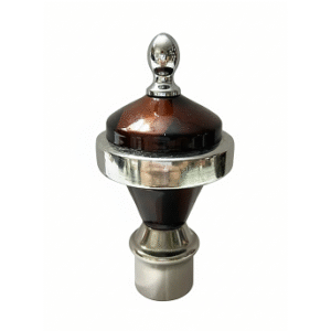 Stylish stainless steel curtain finial with glossy brown layered design, silver rings, and polished dome top for curtain rods.