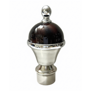 Stylish stainless steel curtain finial with glossy brown layered design, silver rings, and polished dome top for curtain rods.