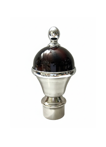 050-Copper Stylish stainless steel curtain finial with glossy brown layered design, silver rings, and polished dome top for curtain rods.
