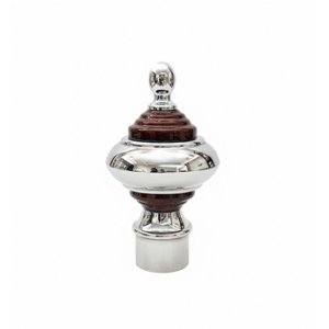 Stylish stainless steel curtain finial with glossy brown layered design, silver rings, and polished dome top for curtain rods.