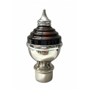 Stylish stainless steel curtain finial with glossy brown layered design, silver rings, and polished dome top for curtain rods.