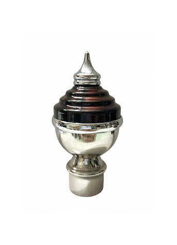 052-Copper Stylish stainless steel curtain finial with glossy brown layered design, silver rings, and polished dome top for curtain rods.