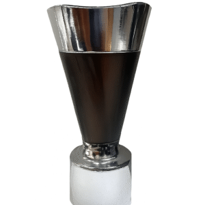 Stylish stainless steel curtain finial with glossy brown layered design, silver rings, and polished dome top for curtain rods.