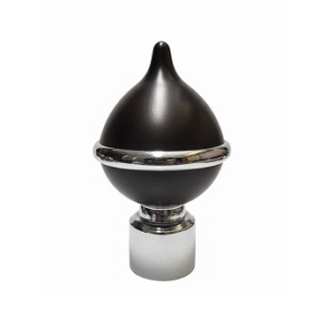 Stylish stainless steel curtain finial with glossy brown layered design, silver rings, and polished dome top for curtain rods.