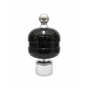 Stylish stainless steel curtain finial with glossy black layered design, silver rings, and polished dome top for curtain rods.