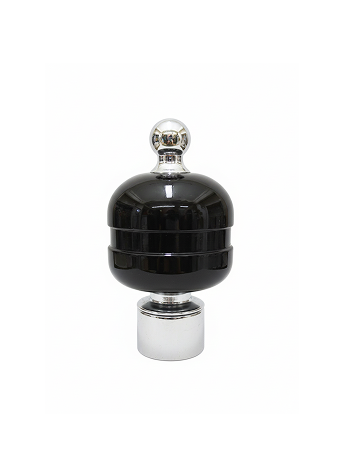 110-V Stylish stainless steel curtain finial with glossy black layered design, silver rings, and polished dome top for curtain rods.