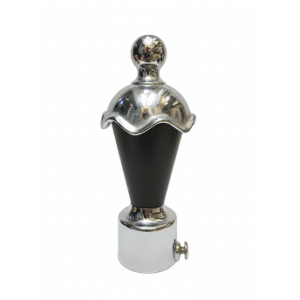 Stylish stainless steel curtain finial with glossy brown layered design, silver rings, and polished dome top for curtain rods.