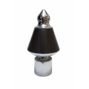 Stylish stainless steel curtain finial with glossy black layered design, silver rings, and polished dome top for curtain rods.