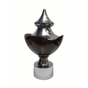 Stylish stainless steel curtain finial with glossy black layered design, silver rings, and polished dome top for curtain rods.