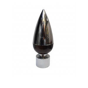 Modern bullet-shaped curtain finial with chrome polish and black accent for contemporary curtain rods.