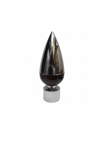 136-C Modern bullet-shaped curtain finial with chrome polish and black accent for contemporary curtain rods.