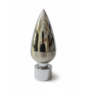 Modern bullet-shaped steel curtain finial accent for contemporary curtain rods.