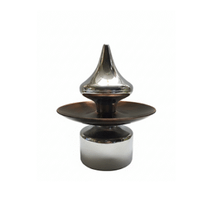 Stylish stainless steel curtain finial with glossy black layered design, silver rings, and polished dome top for curtain rods.