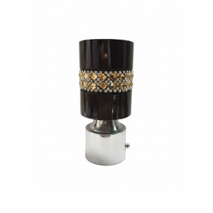 Stylish stainless steel curtain finial with glossy black layered design, silver rings, and polished dome top for curtain rods.