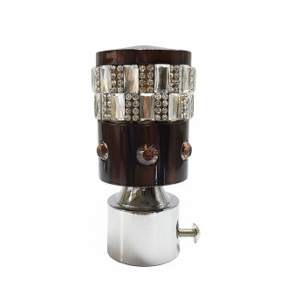 Stylish stainless steel curtain finial with glossy black layered design, silver rings, and polished dome top for curtain rods.