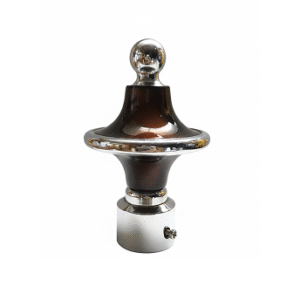 Stylish stainless steel curtain finial with glossy black layered design, silver rings, and polished dome top for curtain rods.