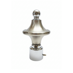 Cylindrical stainless steel curtain rod finial with horizontal groove detailing for modern home décor.
