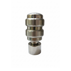 Cylindrical stainless steel curtain rod finial with horizontal groove detailing for modern home décor.
