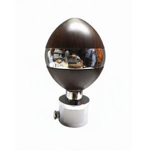 Egg-shaped curtain rod finial with dark wood and chrome band detailing, designed for elegant rod-end finishing.