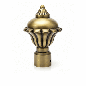 Ornate antique brass curtain rod finial with dome-shaped top and fluted detailing, designed for classical rod-end finishing.