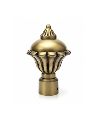 179-Antique Ornate antique brass curtain rod finial with dome-shaped top and fluted detailing, designed for classical rod-end finishing.