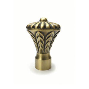 Ornate antique brass curtain rod finial with dome-shaped top and fluted detailing, designed for classical rod-end finishing.