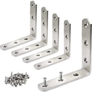 Set of five stainless steel L-shaped corner brackets in various sizes with mounting screws, ideal for furniture reinforcement and DIY assembly.