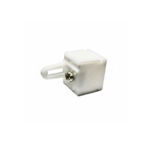 White plastic end cap lock with embedded screw, designed for securing curtain channels or M tracks in home and commercial setups.