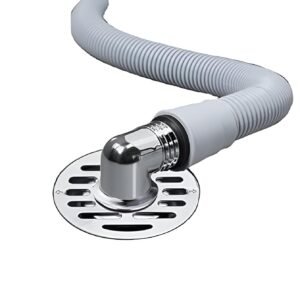 Flexible corrugated drain hose connected to chrome elbow fitting and circular metal floor drain cover for efficient appliance wastewater disposal.
