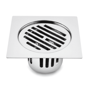 Square stainless steel floor drain featuring a circular grate with diagonal slits for efficient water flow and debris protection.