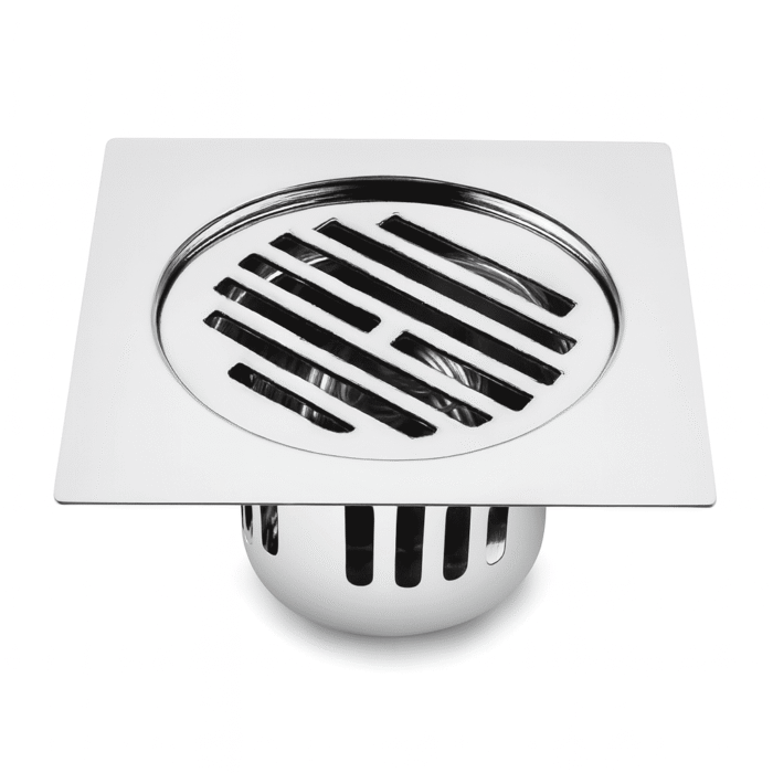 Square stainless steel floor drain featuring a circular grate with diagonal slits for efficient water flow and debris protection.