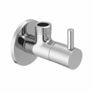 Chrome-plated angle valve with lever handle and wall flange, designed for controlling water flow to faucets and fixtures.