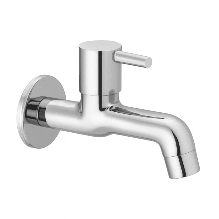 Minimalist chrome basin faucet with curved spout and single lever handle, designed for smooth water flow and temperature control.