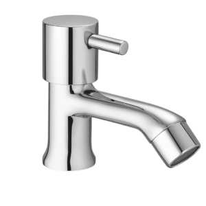 Minimalist chrome basin faucet with curved spout and single lever handle, designed for smooth water flow and temperature control.