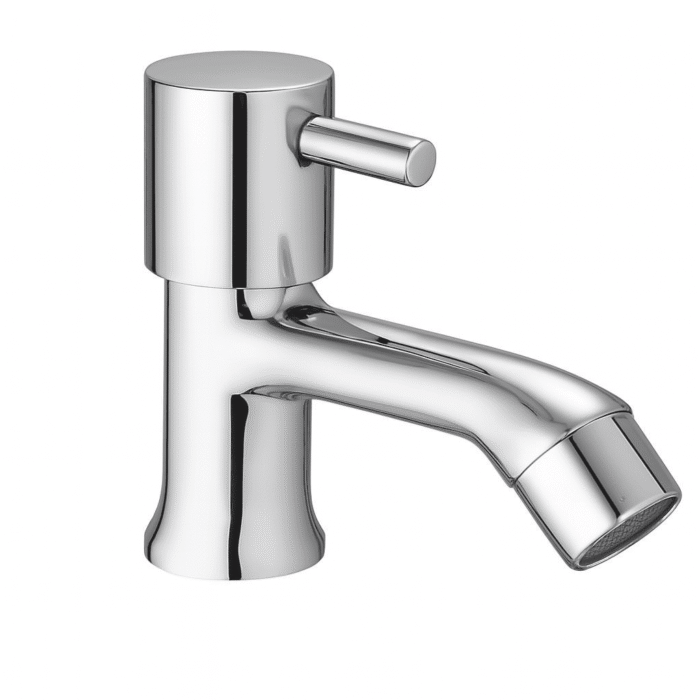 Minimalist chrome basin faucet with curved spout and single lever handle, designed for smooth water flow and temperature control.