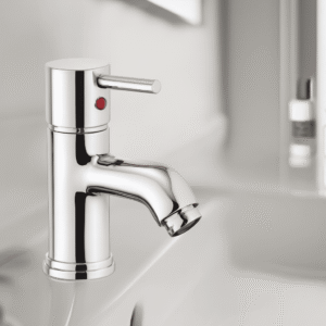 Modern chrome-finished bathroom faucet with single lever handle, designed for smooth water flow and temperature control.