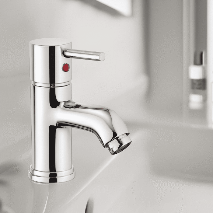 Modern chrome-finished bathroom faucet with single lever handle, designed for smooth water flow and temperature control.