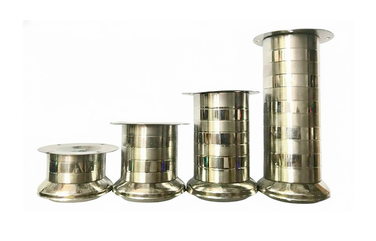 Sofa Leg (3) Set of stainless steel sofa legs in multiple sizes with threaded mounting bolts, designed for sturdy support and vibration reduction in furniture.