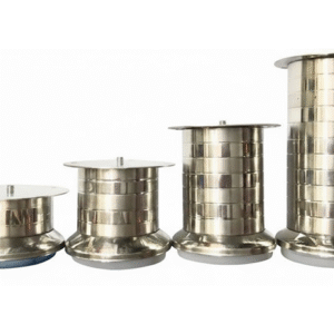 Set of stainless steel sofa legs in multiple sizes with threaded mounting bolts, designed for sturdy support and vibration reduction in furniture.