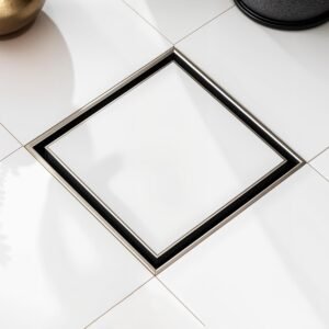 Square Tile insert stainless steel floor drain with concealed design for seamless bathroom flooring and efficient water drainage.