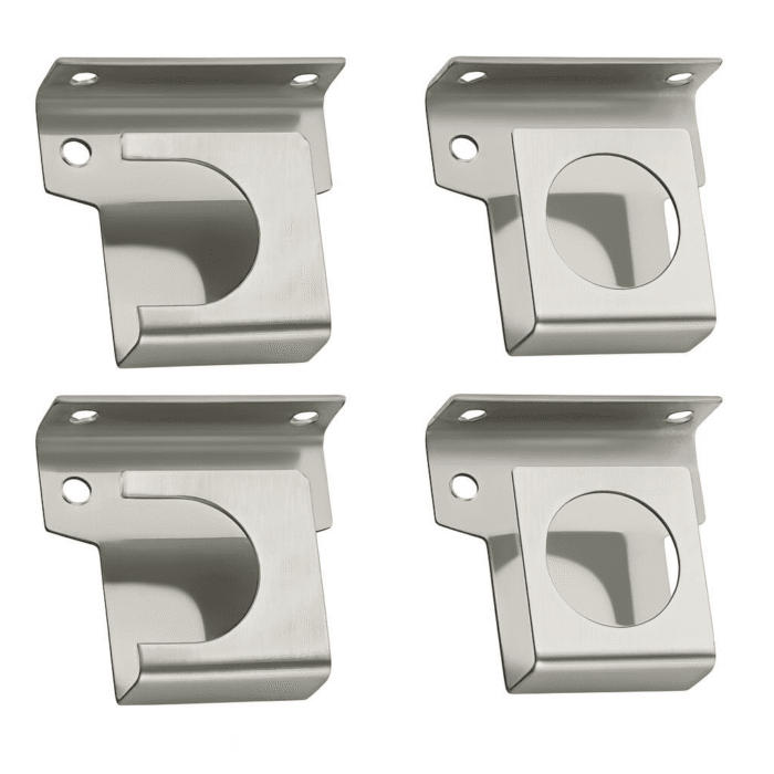 Set of stainless steel curtain pipe brackets with circular and U-shaped cutouts, designed to support 20 mm rods in wall-mounted installations.