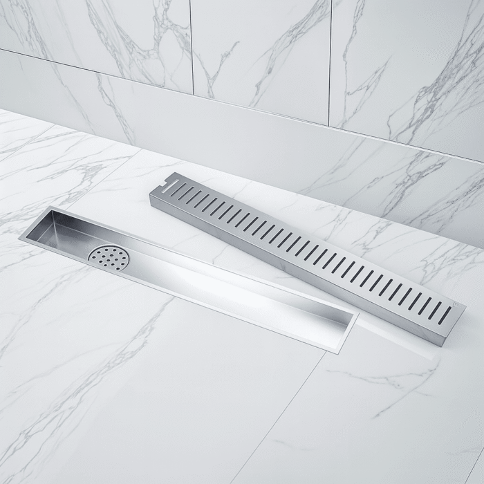 Sleek linear stainless steel drain cover with square grid holes on a white background.