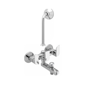 Chrome-plated 3-in-1 wall mixer with dual handles, central diverter knob, and L bend pipe for overhead shower connection.