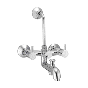 Chrome-plated wall mixer faucet with dual lever handles and overhead L bend pipe, designed for bathroom shower and basin fittings.