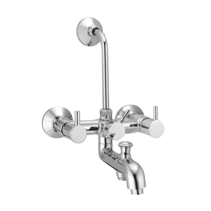 Chrome-plated wall mixer faucet with dual lever handles and overhead L bend pipe, designed for bathroom shower and basin fittings.