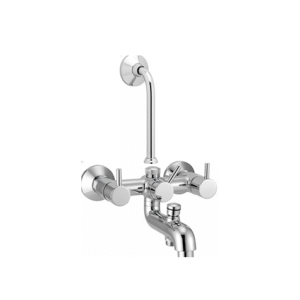 Wall-mounted chrome wall mixer with three handles and overhead pipe, designed for hot and cold water mixing with shower connection.