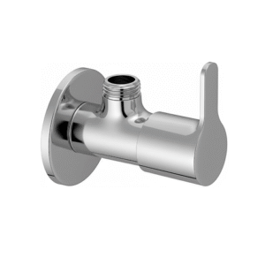 Chrome-plated angle valve with lever handle and wall flange, designed for controlling water flow to faucets and fixtures.