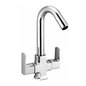 Wall-mounted chrome sink mixer with dual lever handles and high-arched swivel spout, designed for kitchens and bathrooms.